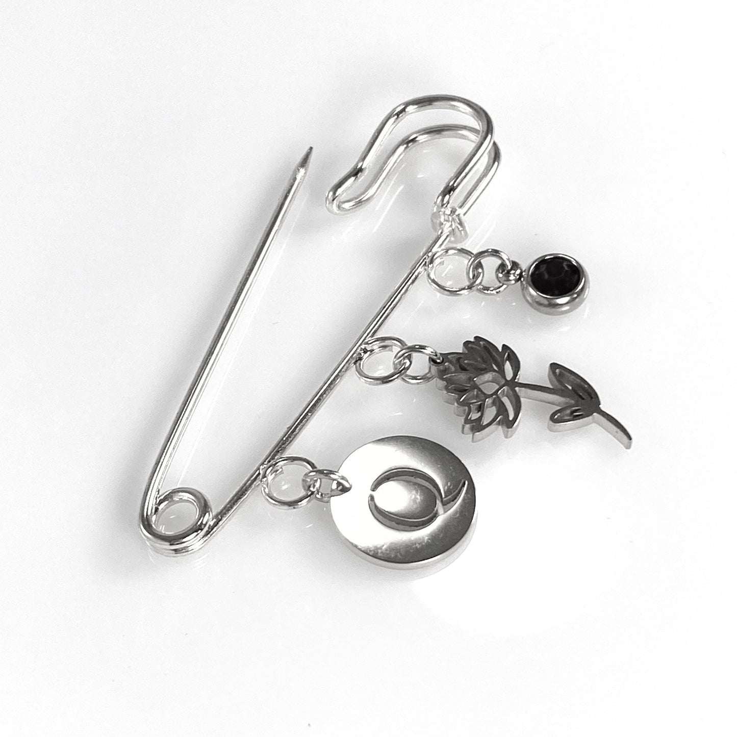 Birthstone, Birth Flower & Initial Letter Safety Pin Brooch