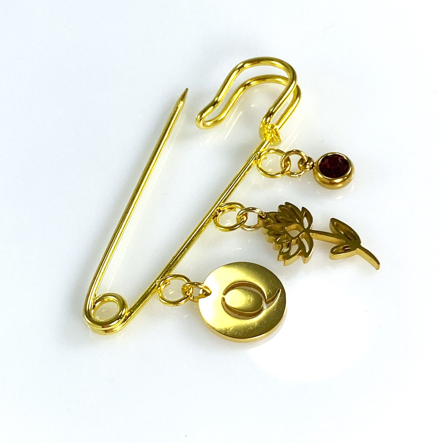 Birthstone, Birth Flower & Initial Letter Safety Pin Brooch
