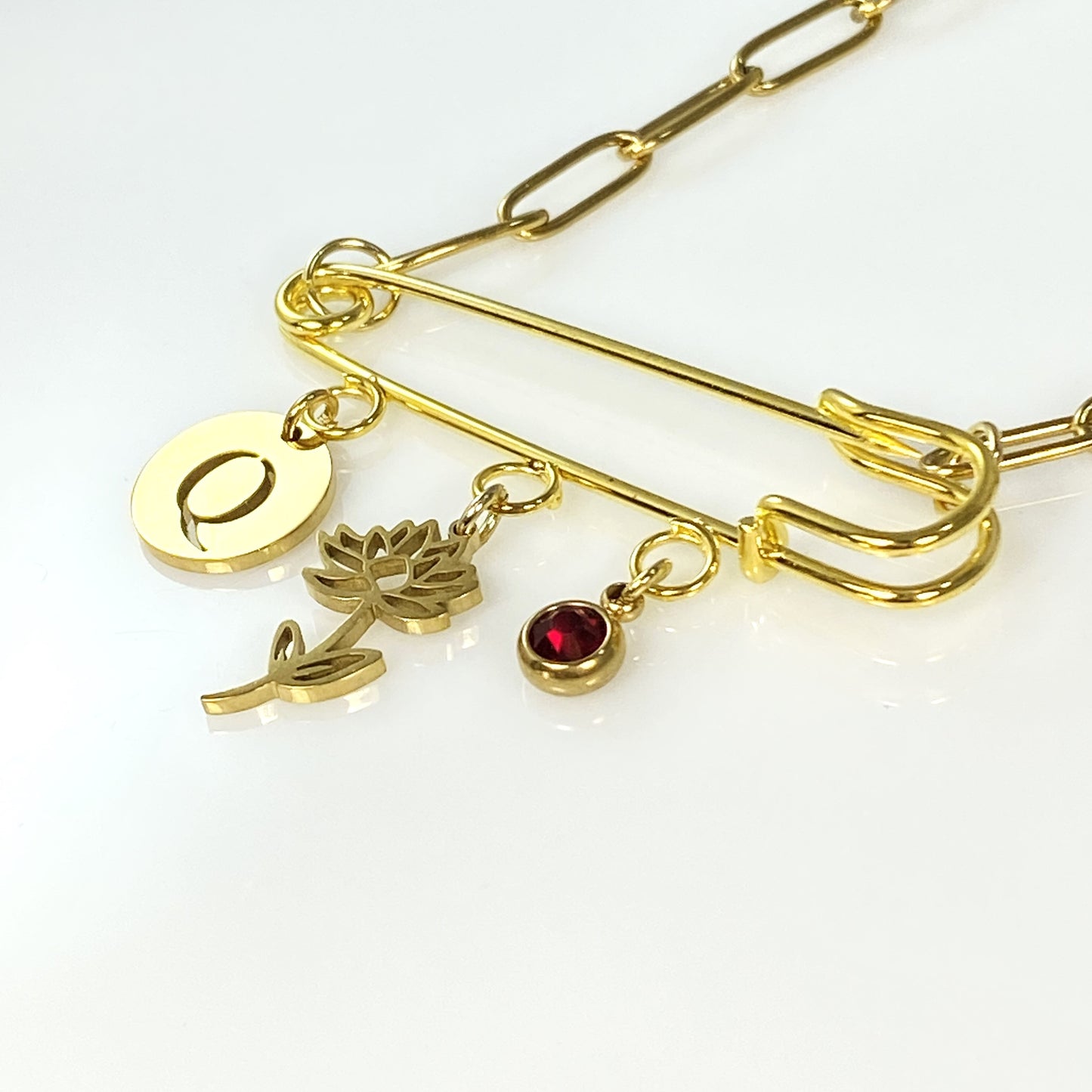 Gold Birthstone, Birth Flower & Initial Letter Safety Pin on Paperclip Necklace MADE IN CANADA