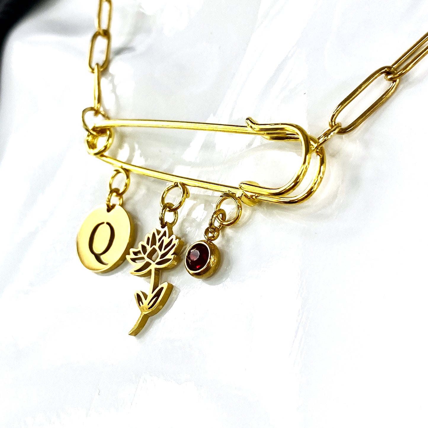 Gold Birthstone, Birth Flower & Initial Letter Safety Pin on Paperclip Necklace MADE IN CANADA