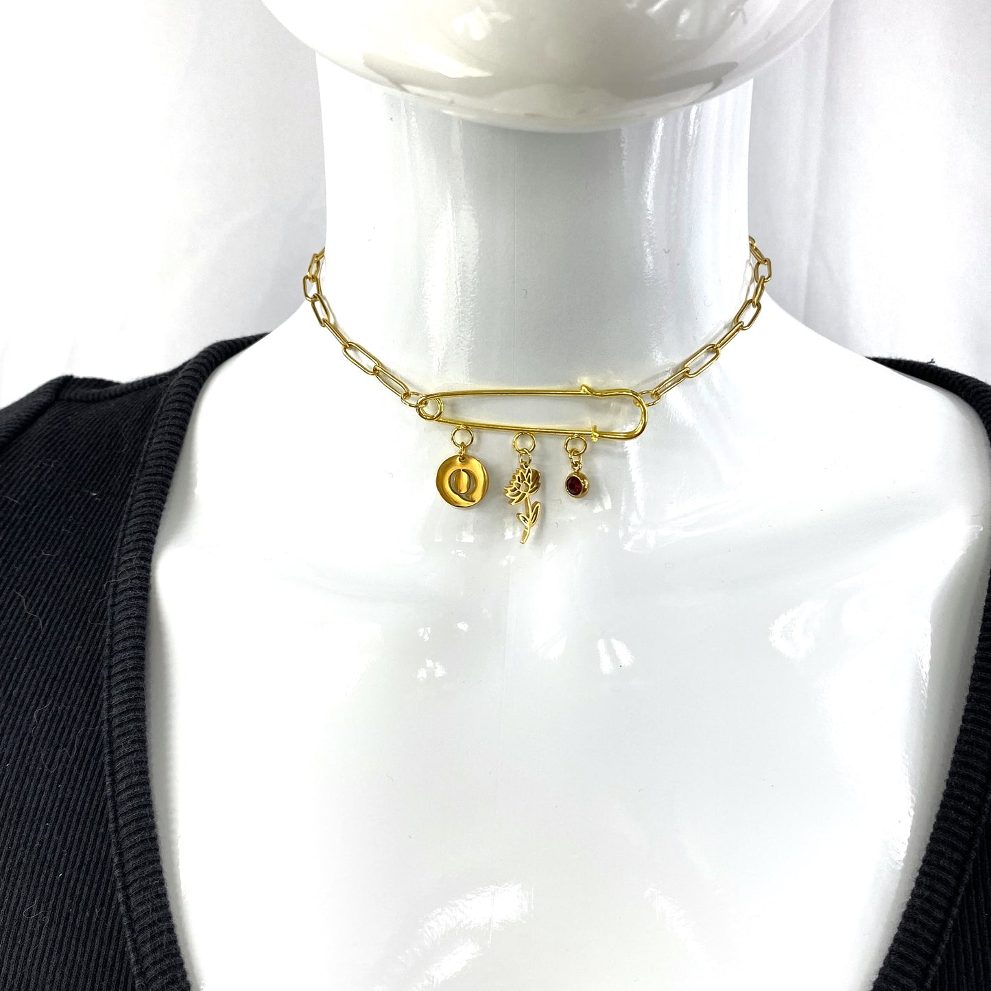 Gold Birthstone, Birth Flower & Initial Letter Safety Pin on Paperclip Necklace MADE IN CANADA