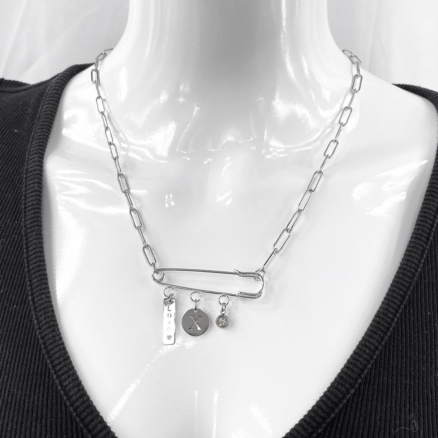 Birthstone, Birth Flower & Initial Letter Safety Pin on Paperclip Necklace - MADE IN CANADA