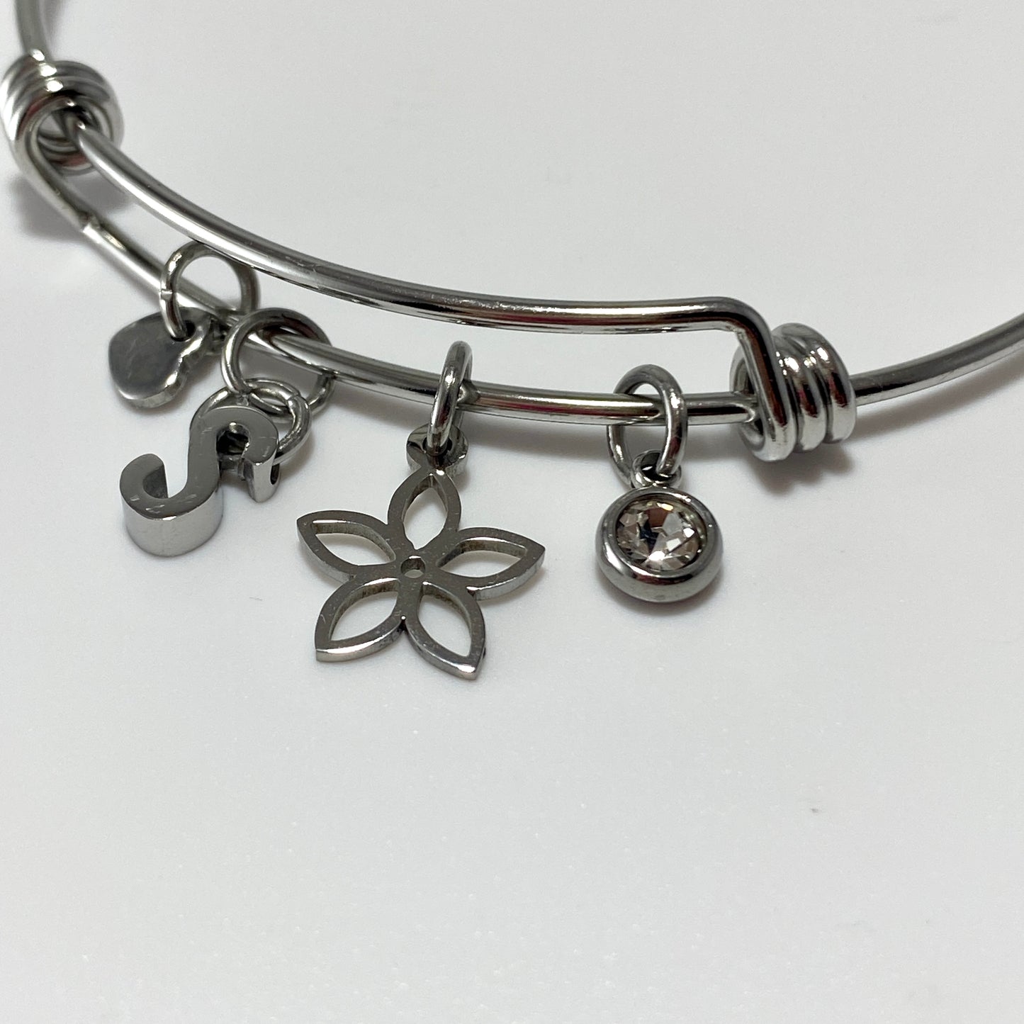 Birthstone, Initial Letter & Flower Adjustable Bangle Bracelet