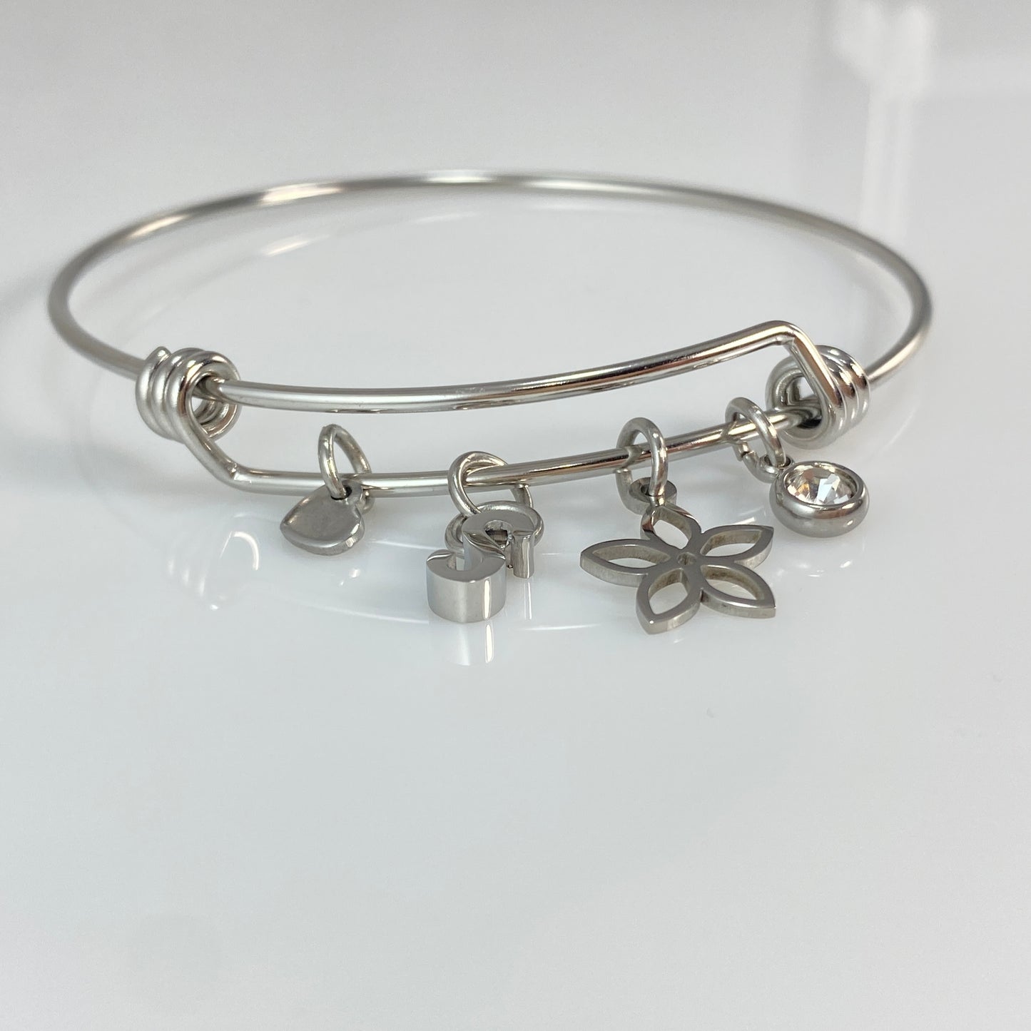 Birthstone, Initial Letter & Flower Adjustable Bangle Bracelet