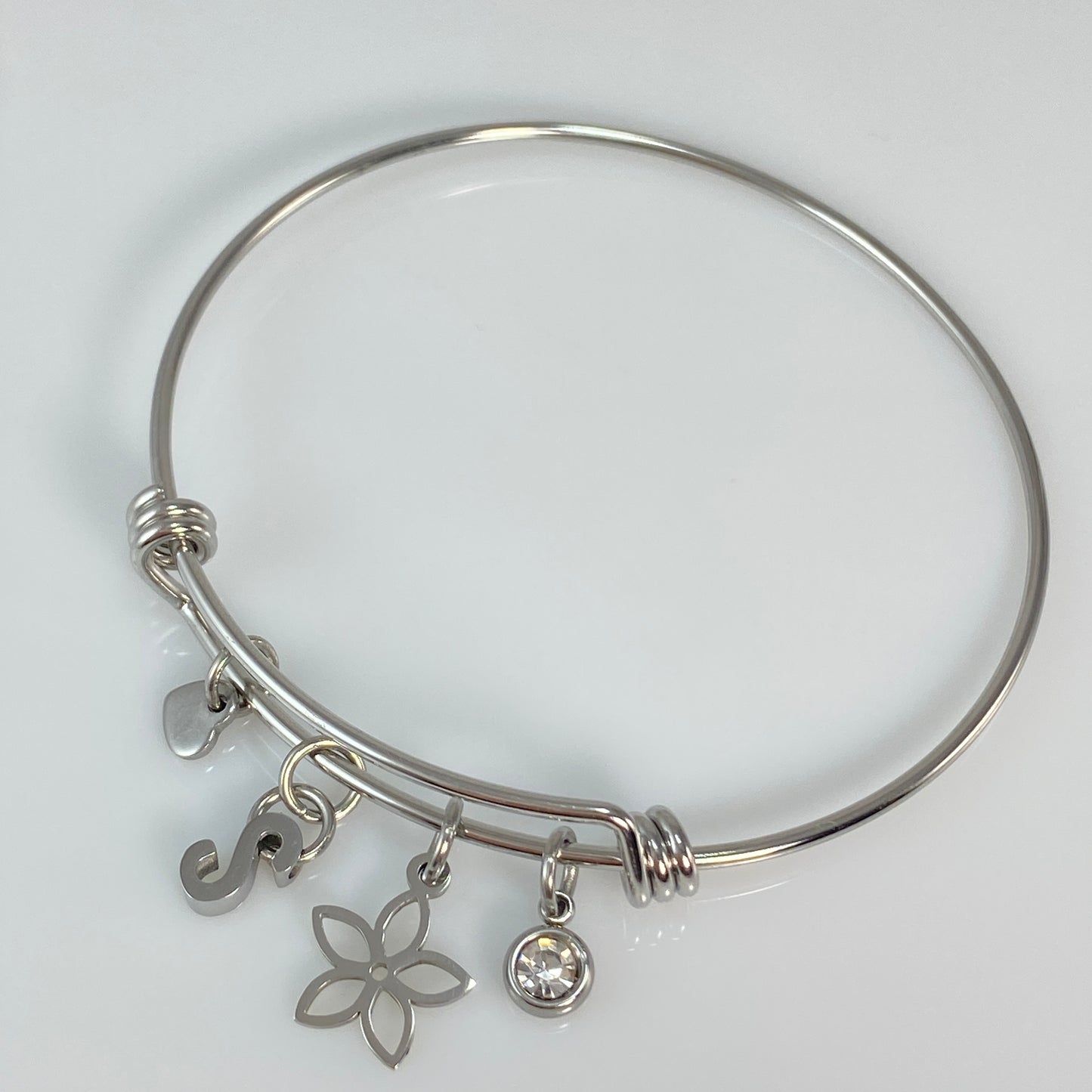 Birthstone, Initial Letter & Flower Adjustable Bangle Bracelet
