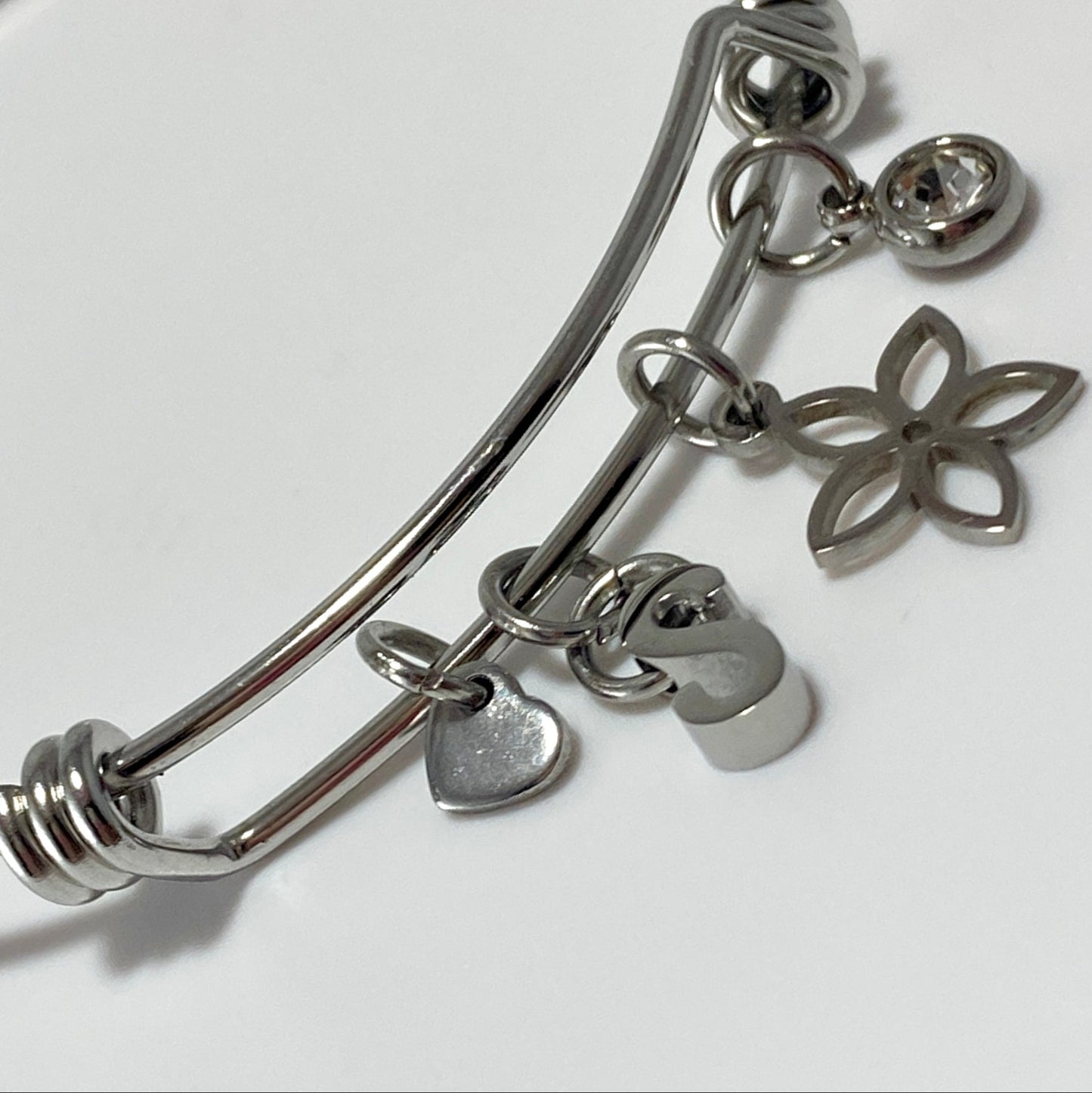 Birthstone, Initial Letter & Flower Adjustable Bangle Bracelet