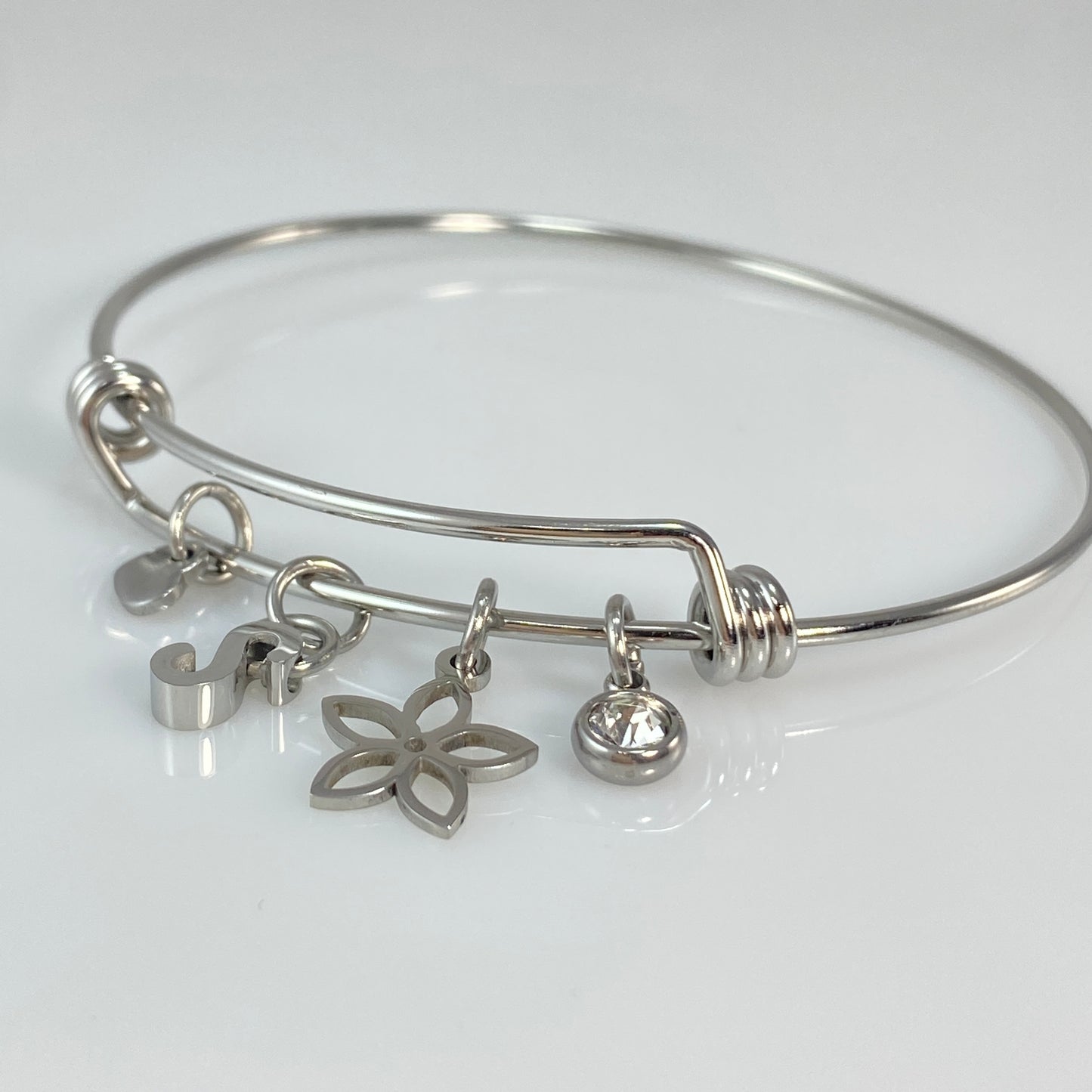 Birthstone, Initial Letter & Flower Adjustable Bangle Bracelet