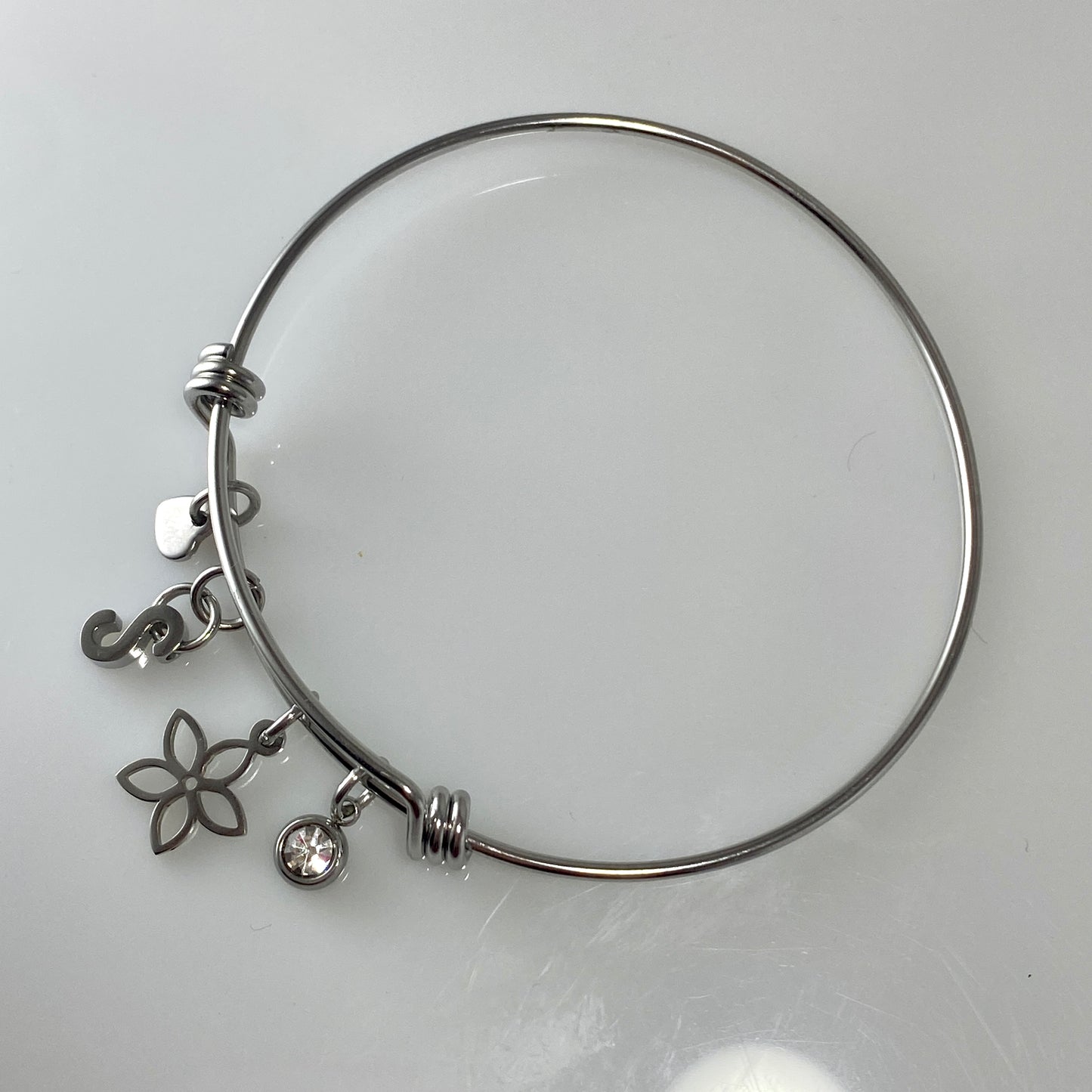 Birthstone, Initial Letter & Flower Adjustable Bangle Bracelet