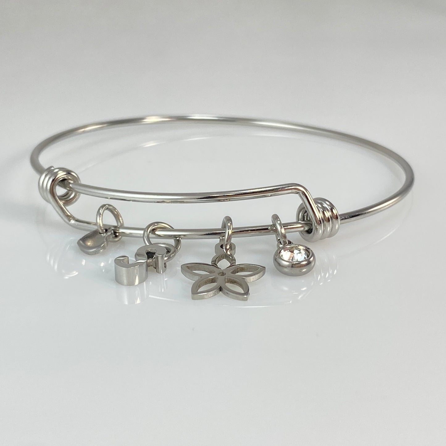Birthstone, Initial Letter & Flower Adjustable Bangle Bracelet