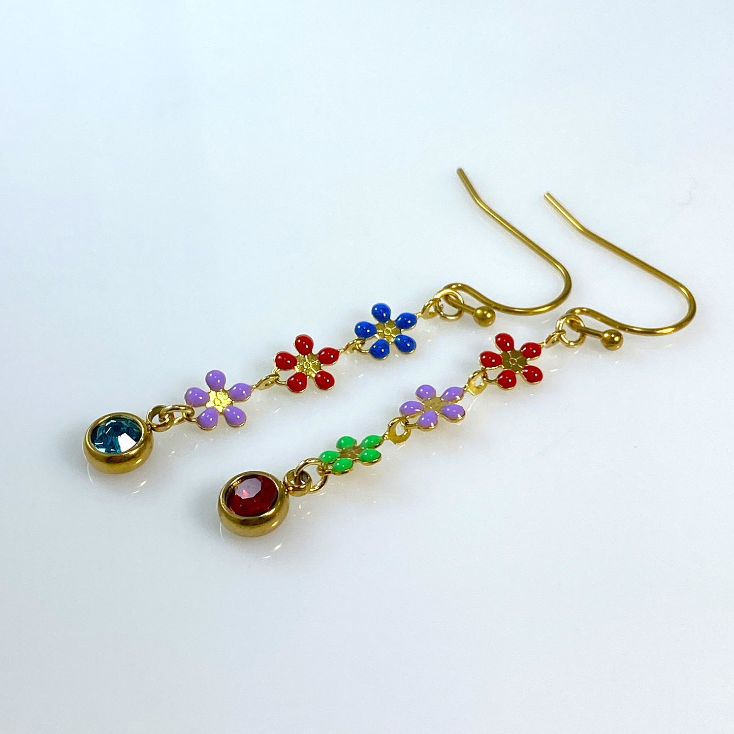 Enamel Flower Chain & Birthstone Earrings