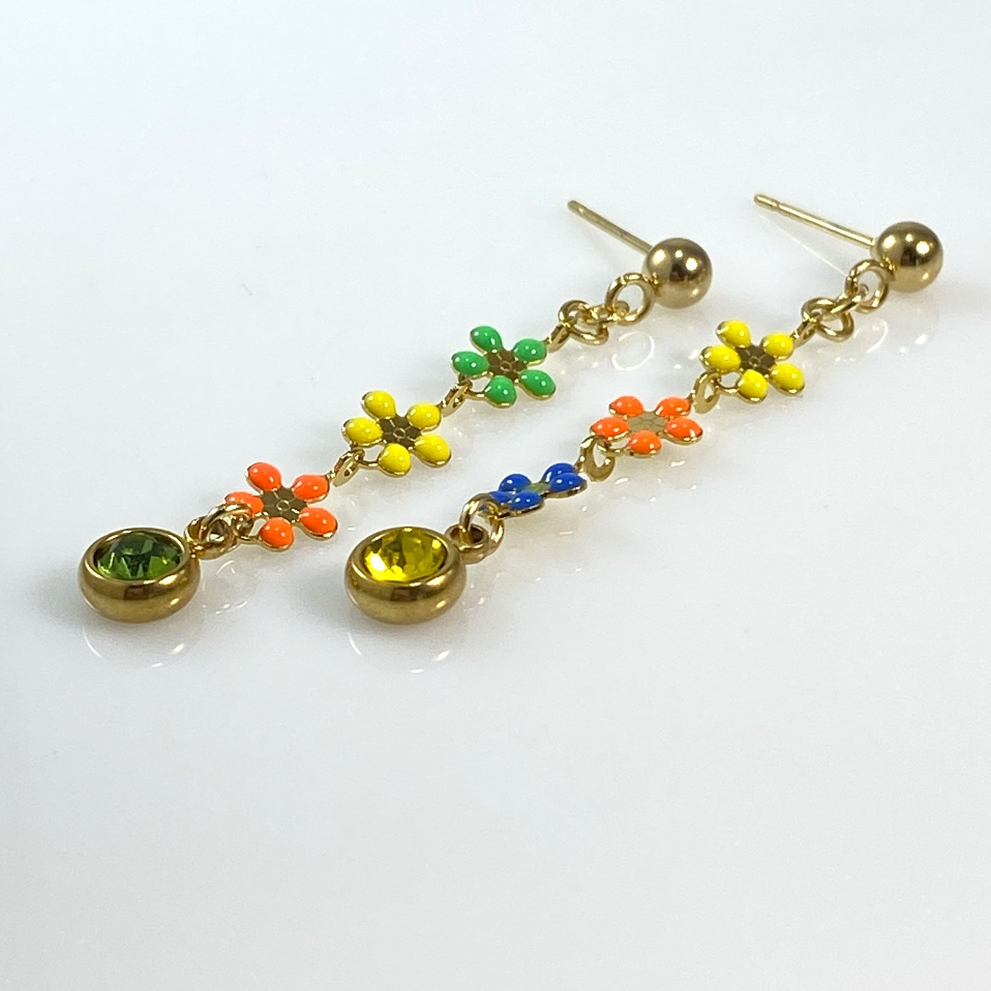 Enamel Flower Chain & Birthstone Earrings