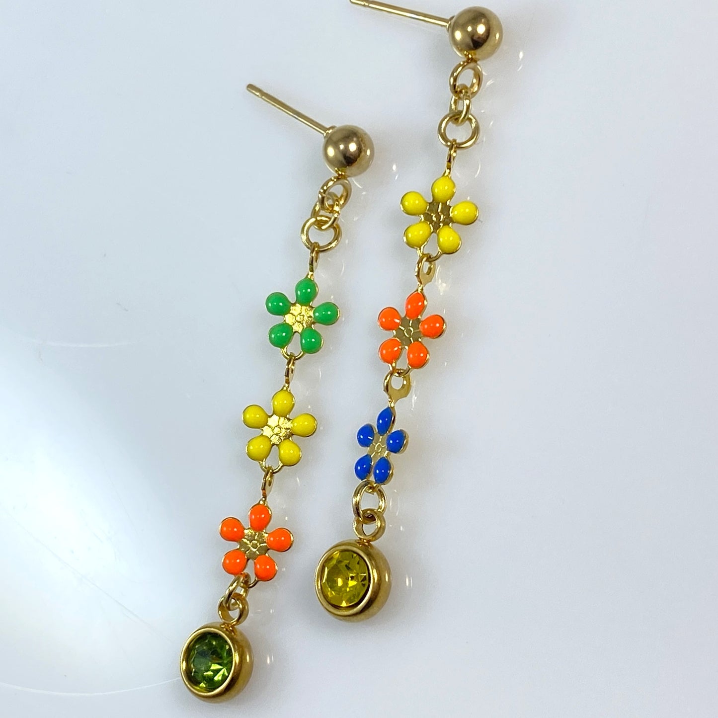 Enamel Flower Chain & Birthstone Earrings