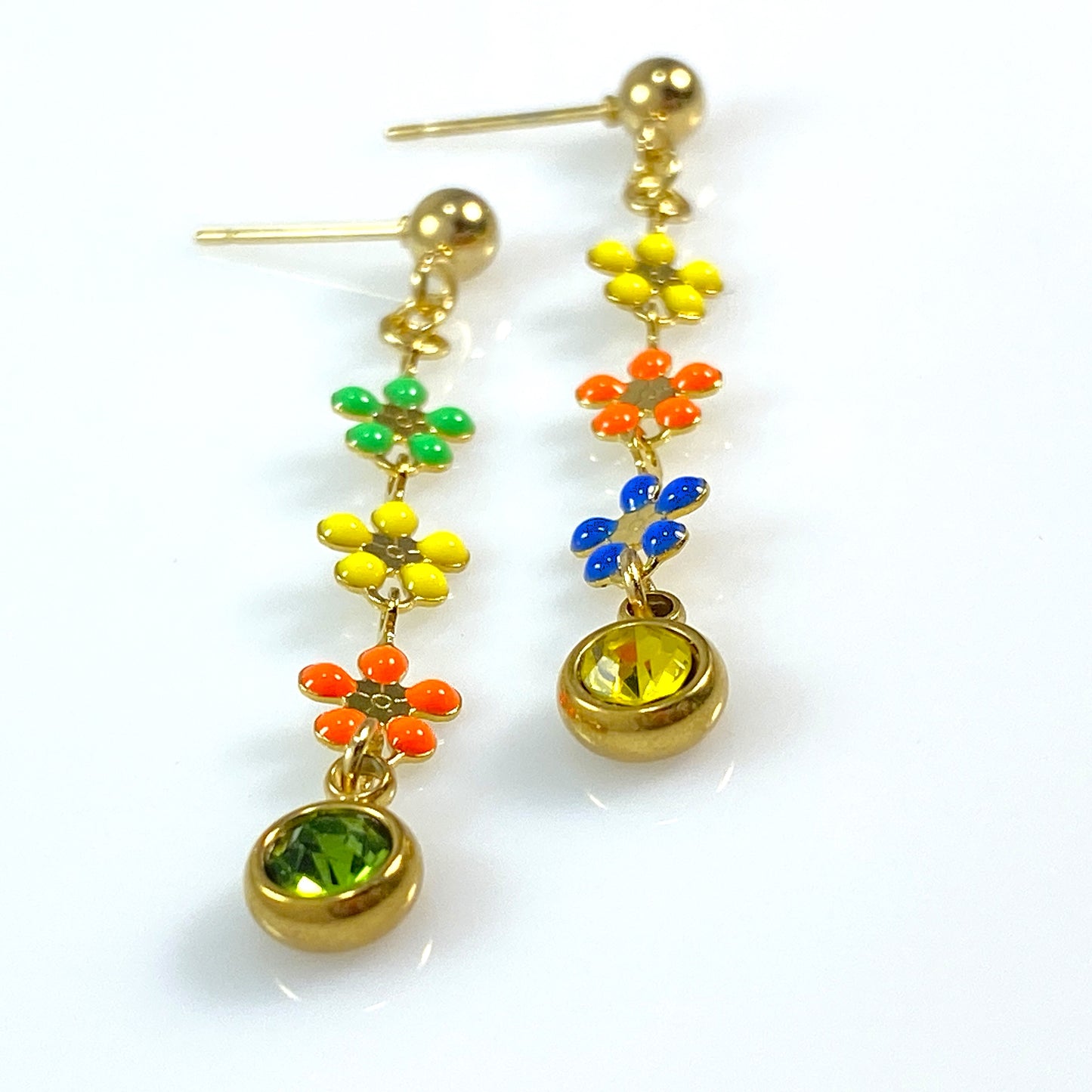 Enamel Flower Chain & Birthstone Earrings