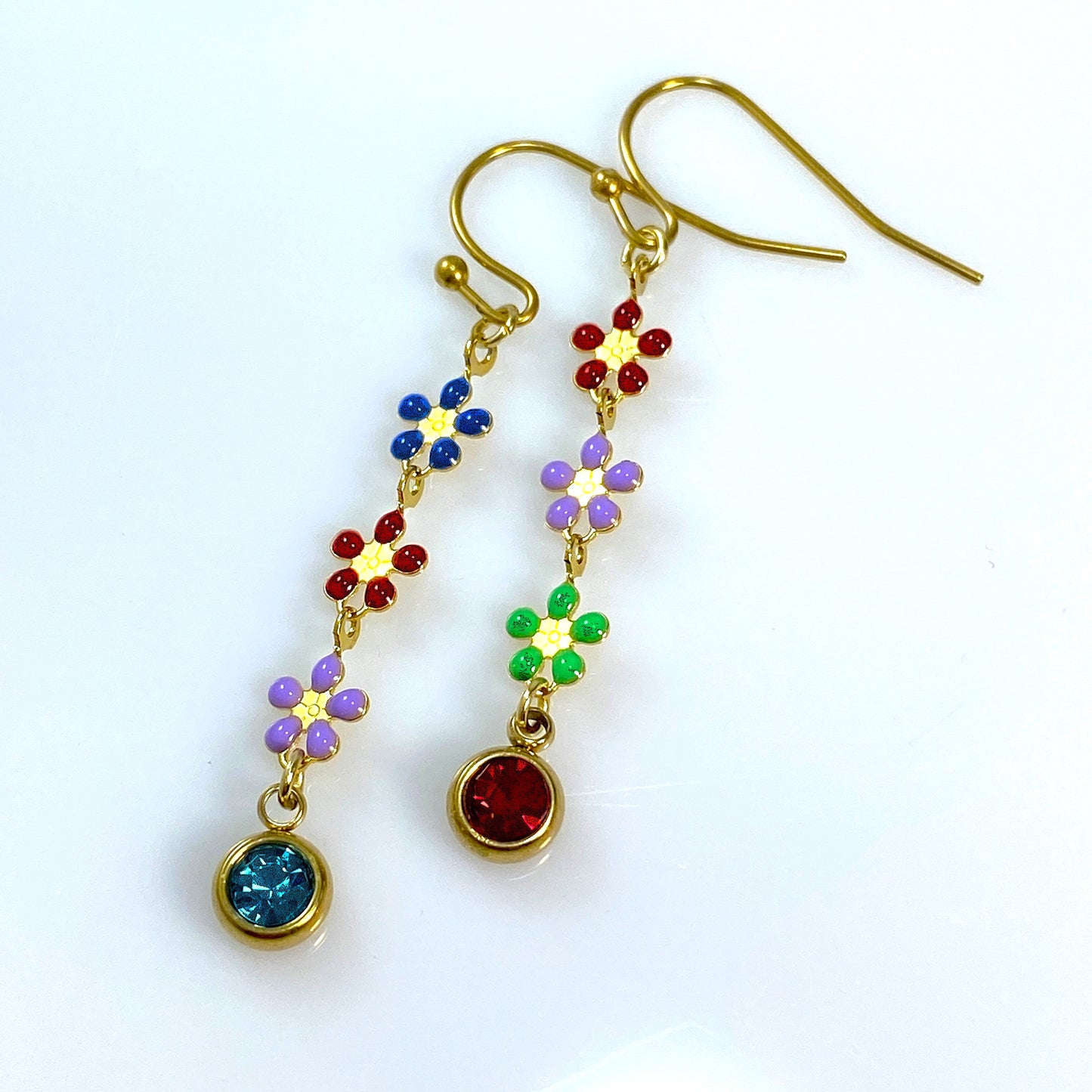 Enamel Flower Chain & Birthstone Earrings