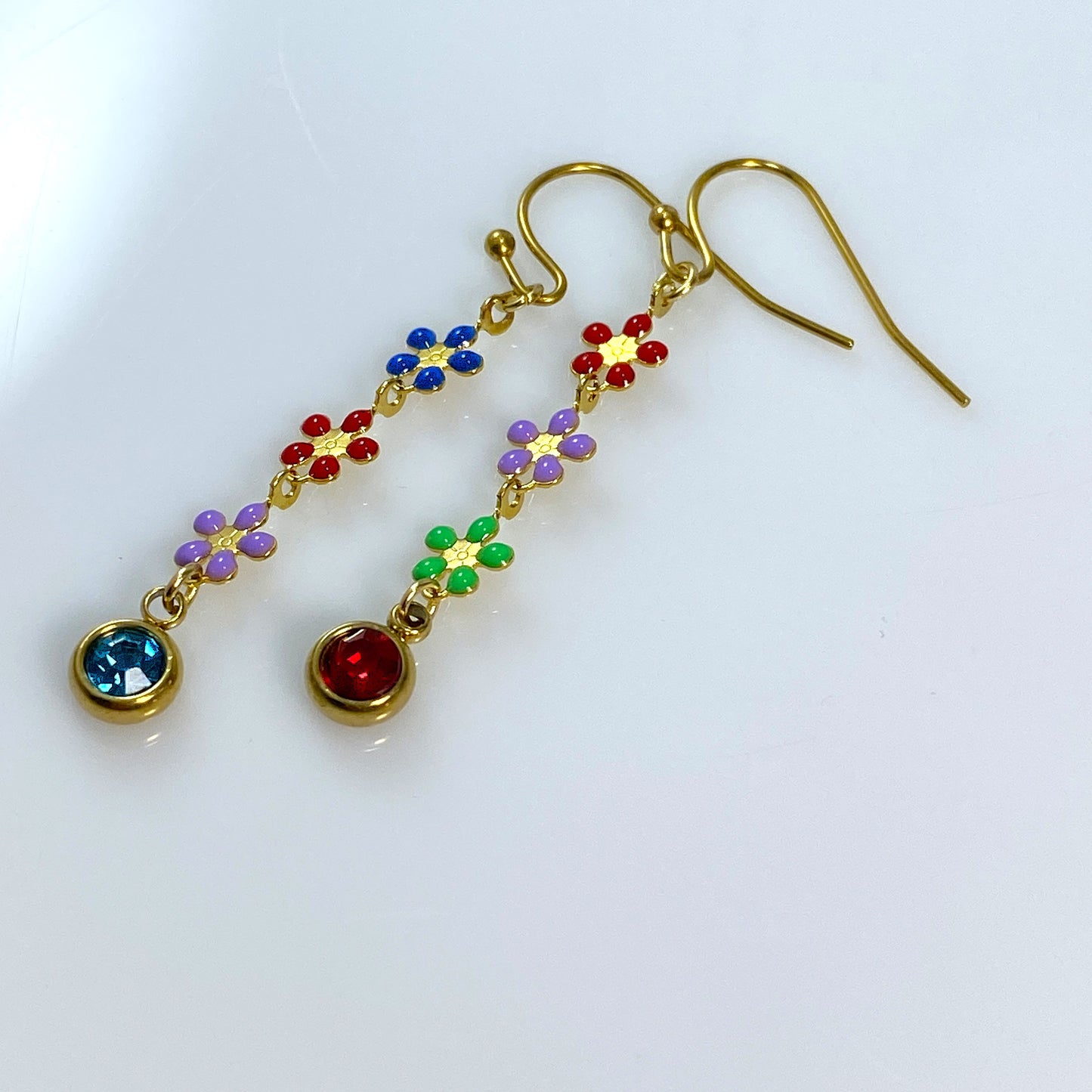 Enamel Flower Chain & Birthstone Earrings