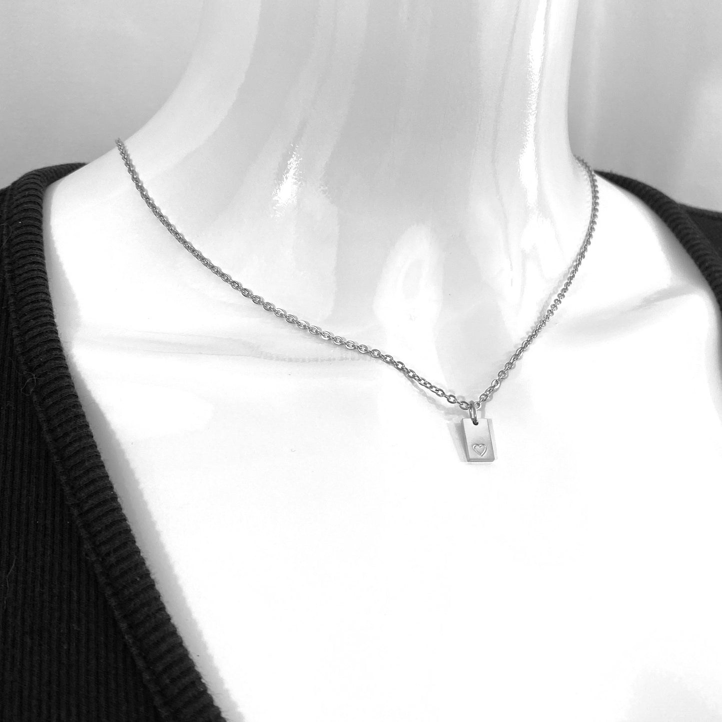 Tiny Rectangle Heart Stamp Cable Chain Necklace