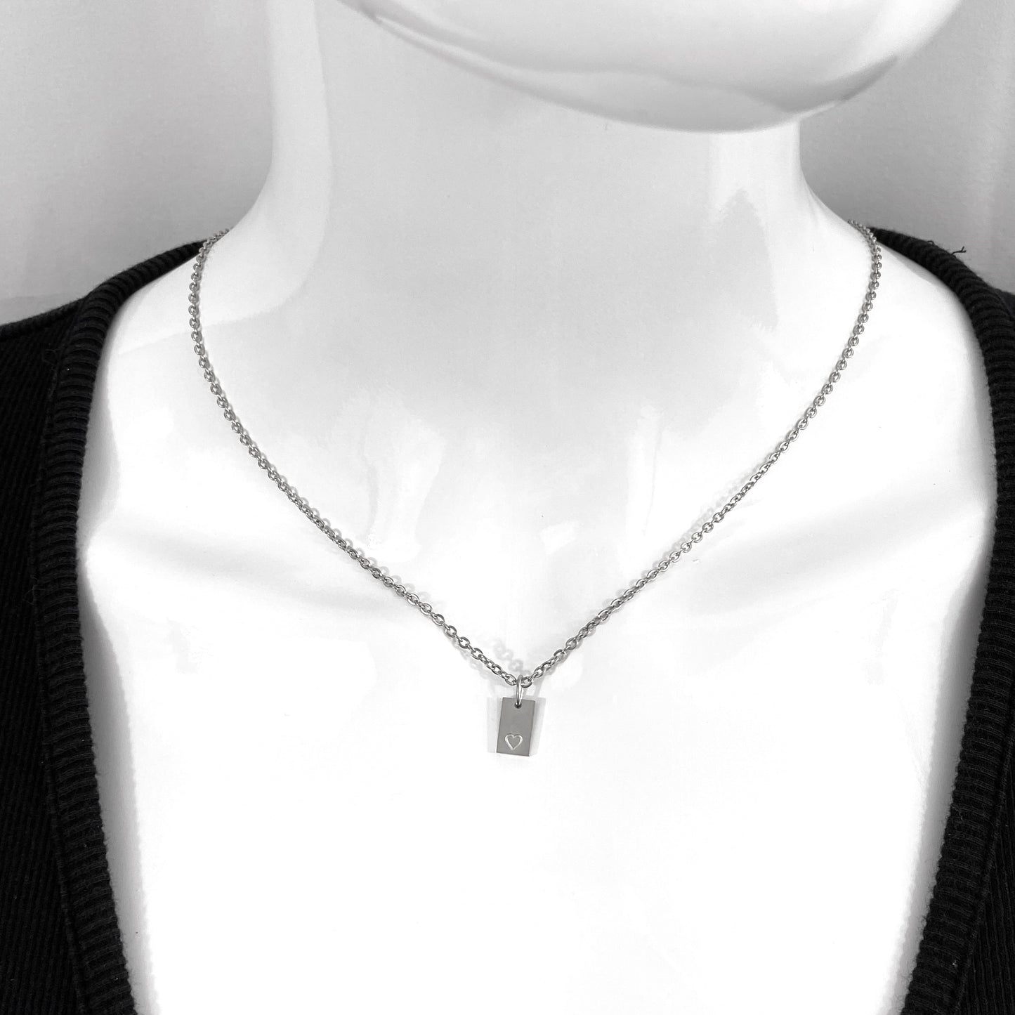 Tiny Rectangle Heart Stamp Cable Chain Necklace