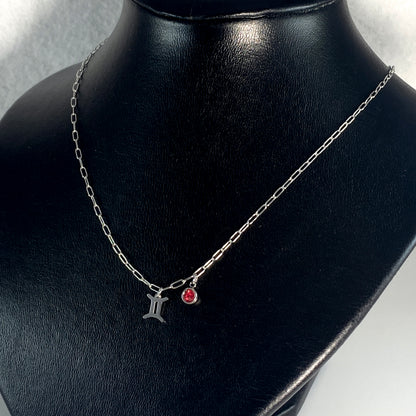 Silver Mini Astrology Sign & Birthstone Cable or Paperclip Chain Necklace