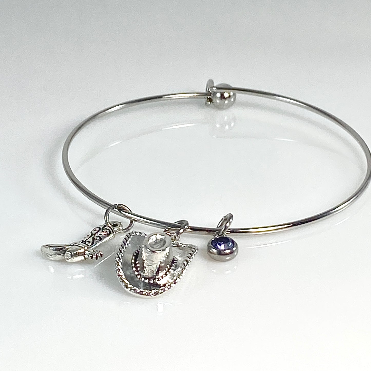 Silver Birthstone & Cowgirl Hat & Boot Charm Bangle Bracelet - MADE IN CANAD