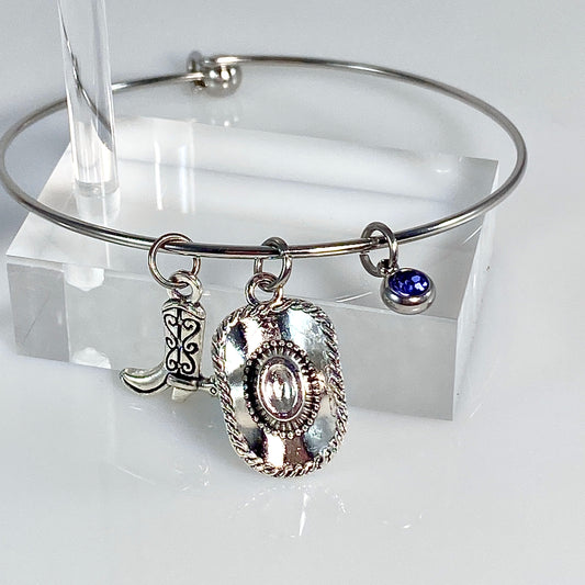 Silver Birthstone & Cowgirl Hat & Boot Charm Bangle Bracelet - MADE IN CANAD