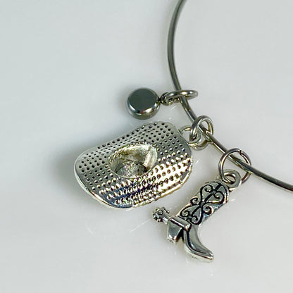 Silver Birthstone & Cowgirl Hat & Boot Charm Bangle Bracelet - MADE IN CANAD