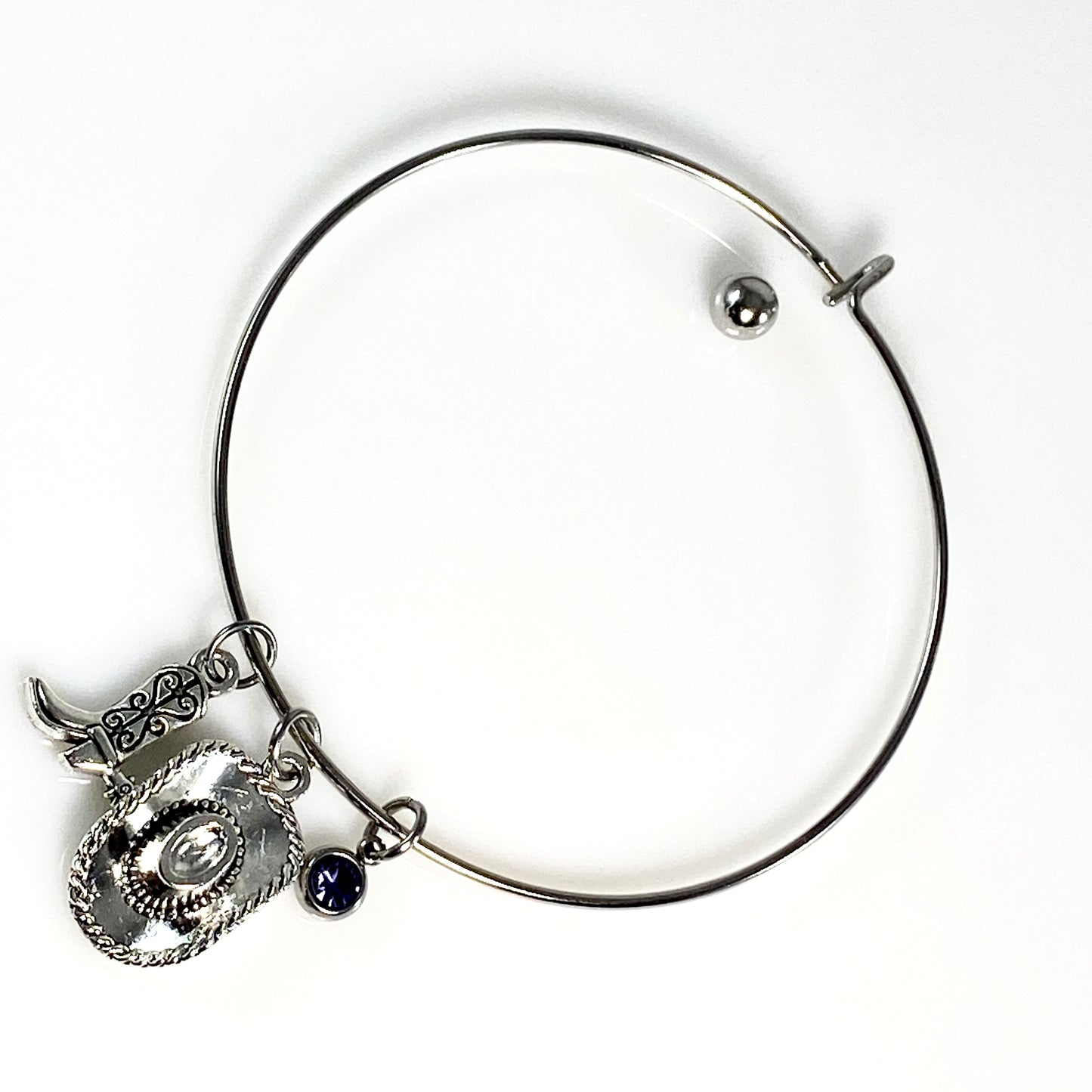Silver Birthstone & Cowgirl Hat & Boot Charm Bangle Bracelet - MADE IN CANAD