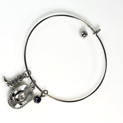 Silver Birthstone & Cowgirl Hat & Boot Charm Bangle Bracelet - MADE IN CANAD