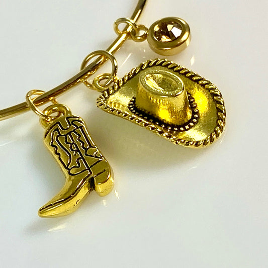 Gold Birthstone & Cowgirl Hat & Boot Charm Bangle Bracelet - MADE IN CANAD