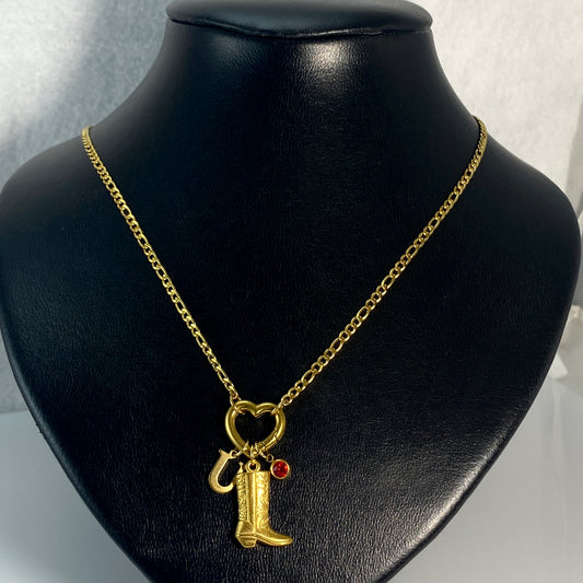 Gold Cowgirl Boot, Letter - Initial & Birthstone on a Heart Carabiner & Figaro Chain Necklace - MADE IN CANADA