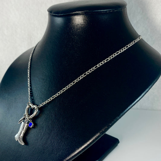 Silver Cowgirl Boot, Letter - Initial & Birthstone on a Heart Carabiner & Figaro Chain Necklace - MADE IN CANADA
