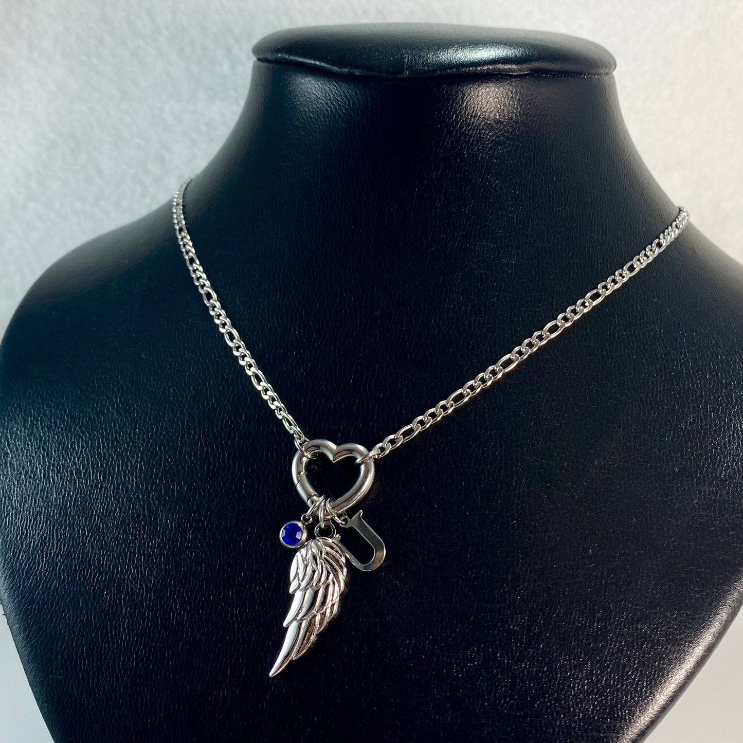 Silver Wing, Letter - Initial & Birthstone on a Heart Carabiner & Figaro Chain Necklace - MADE IN CANADA