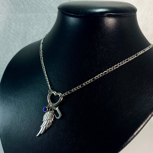 Silver Wing, Letter - Initial & Birthstone on a Heart Carabiner & Figaro Chain Necklace - MADE IN CANADA