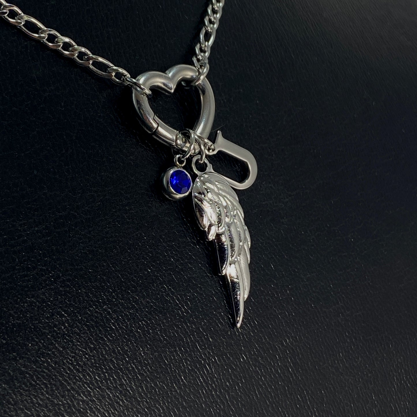 Silver Wing, Letter - Initial & Birthstone on a Heart Carabiner & Figaro Chain Necklace - MADE IN CANADA