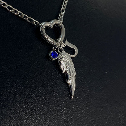 Silver Wing, Letter - Initial & Birthstone on a Heart Carabiner & Figaro Chain Necklace - MADE IN CANADA