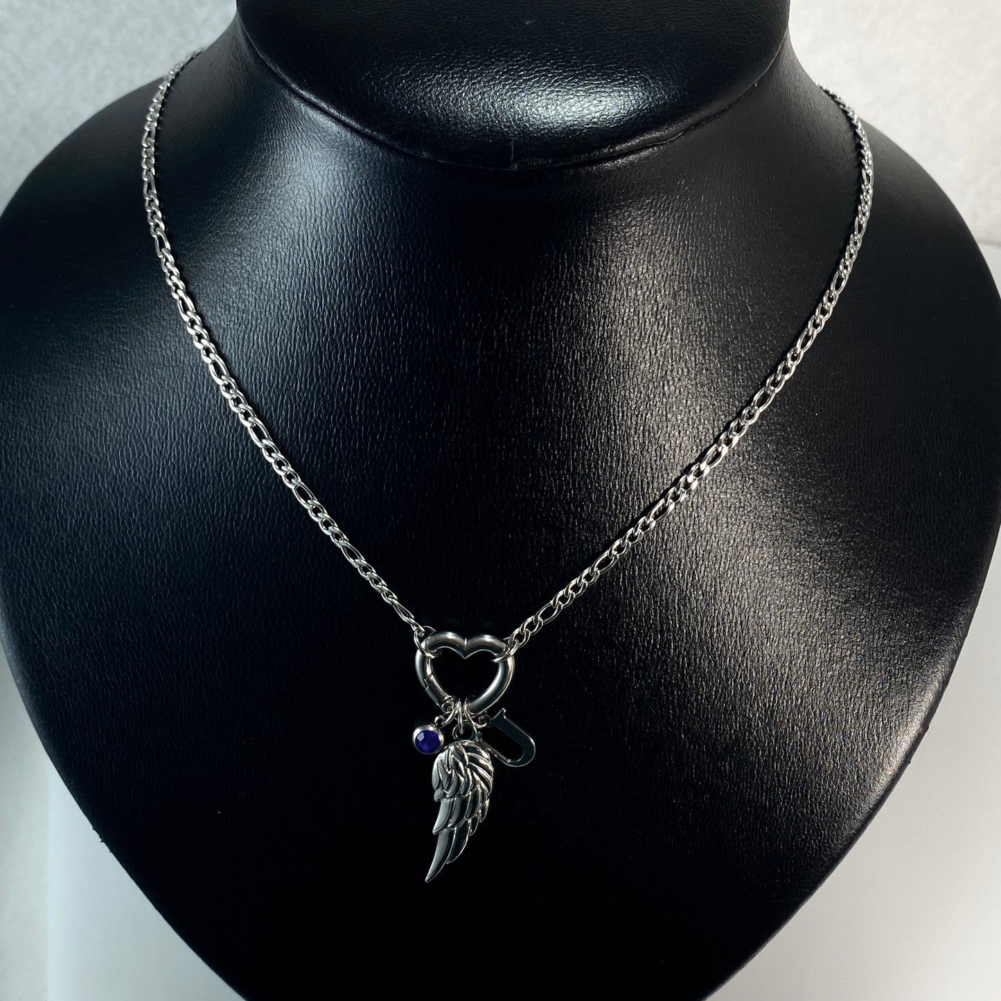 Silver Wing, Letter - Initial & Birthstone on a Heart Carabiner & Figaro Chain Necklace - MADE IN CANADA