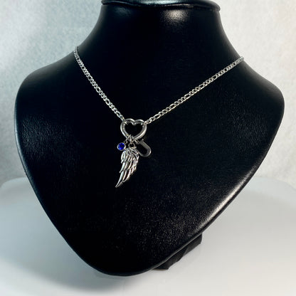 Silver Wing, Letter - Initial & Birthstone on a Heart Carabiner & Figaro Chain Necklace - MADE IN CANADA