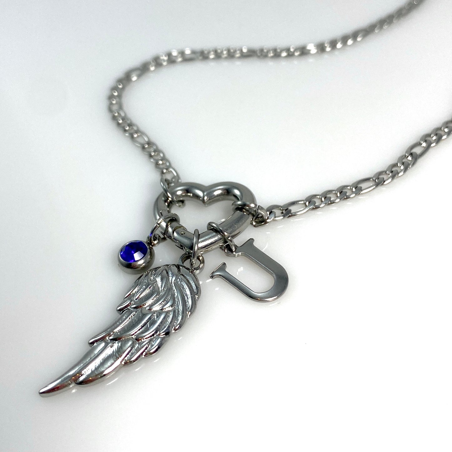 Silver Wing, Letter - Initial & Birthstone on a Heart Carabiner & Figaro Chain Necklace - MADE IN CANADA
