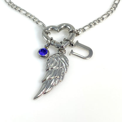 Silver Wing, Letter - Initial & Birthstone on a Heart Carabiner & Figaro Chain Necklace - MADE IN CANADA