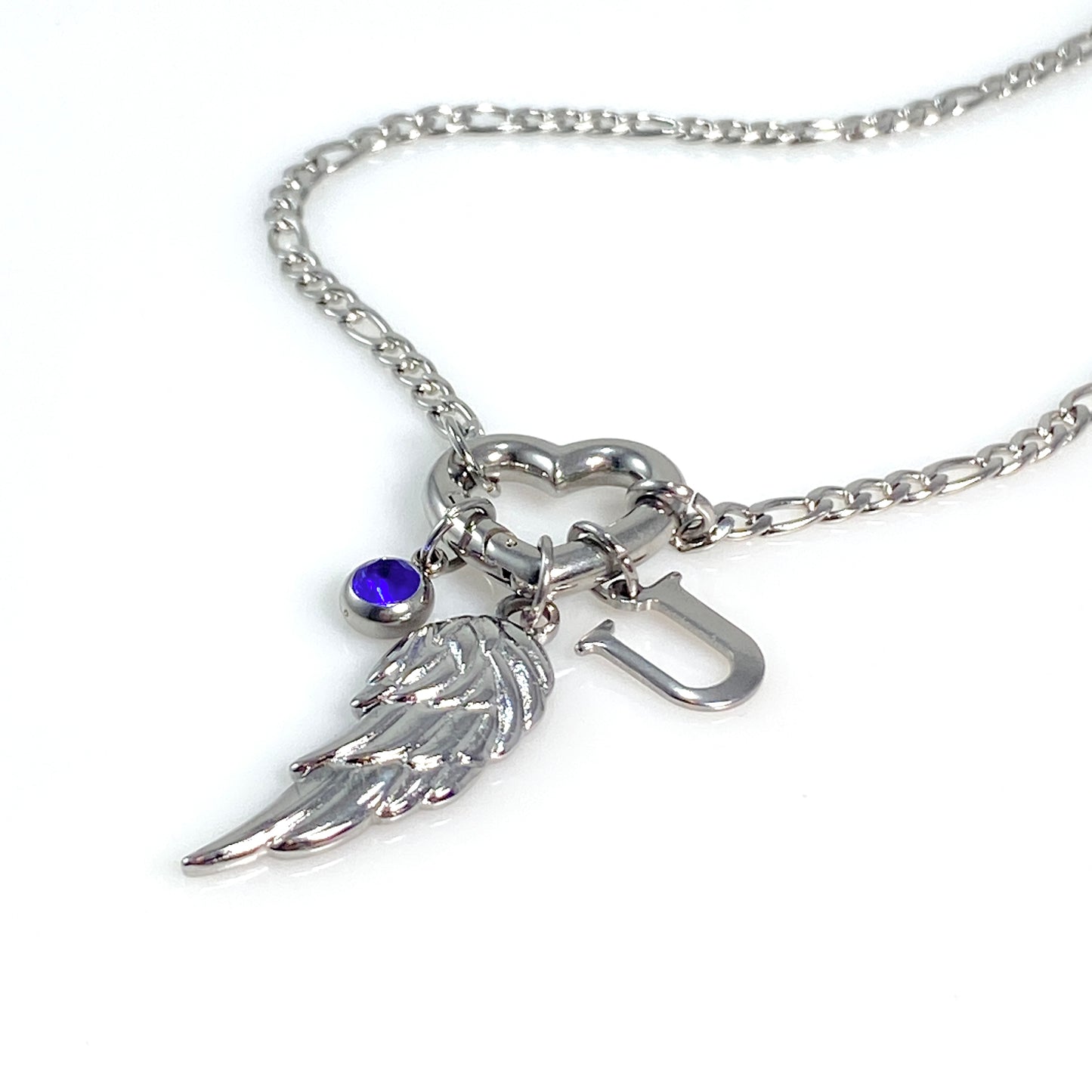 Silver Wing, Letter - Initial & Birthstone on a Heart Carabiner & Figaro Chain Necklace - MADE IN CANADA