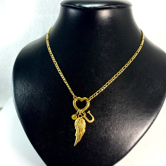 Wing, Letter - Initial & Birthstone on a Heart Carabiner & Figaro Chain Necklace - MADE IN CANADA