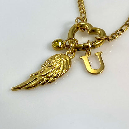 Wing, Letter - Initial & Birthstone on a Heart Carabiner & Figaro Chain Necklace - MADE IN CANADA