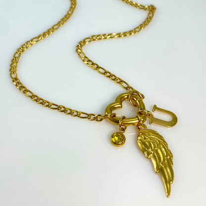 Wing, Letter - Initial & Birthstone on a Heart Carabiner & Figaro Chain Necklace - MADE IN CANADA