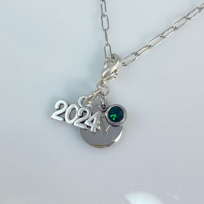 Collier, boucles d'oreilles ou porte-clés en acier inoxydable argenté 2024 avec lettre et pierre de naissance