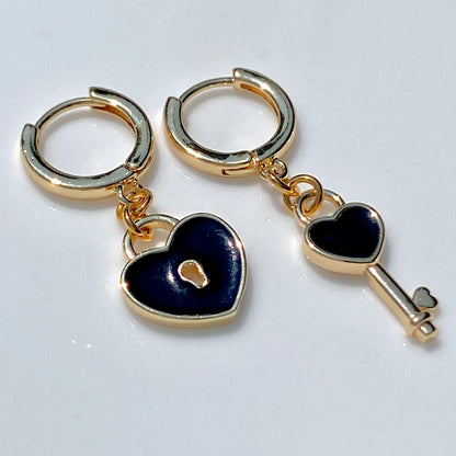 Enamel Heart & Key Hoop Earrings