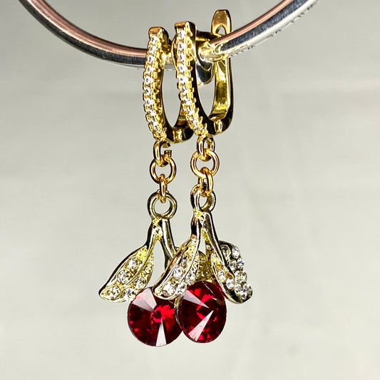 Cherries & Leaves CZ Hook Earrings