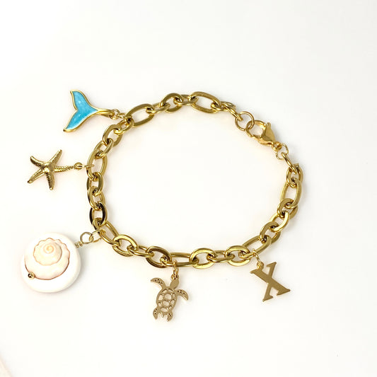 Beach Shell & Initial Charm Bracelet Stainless Steel - MADE IN CANADA