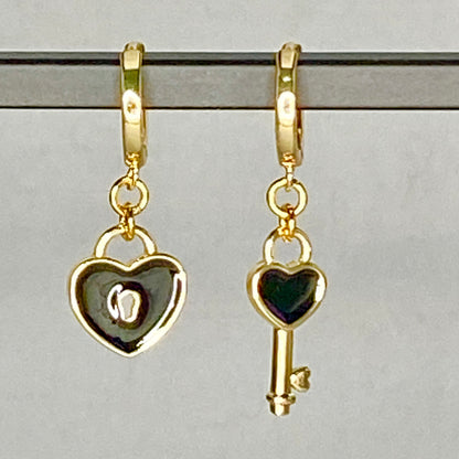 Enamel Heart & Key Hoop Earrings