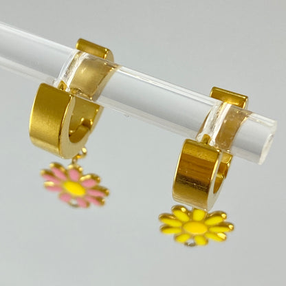 Enamel Flower Huggie Hoop Earrings
