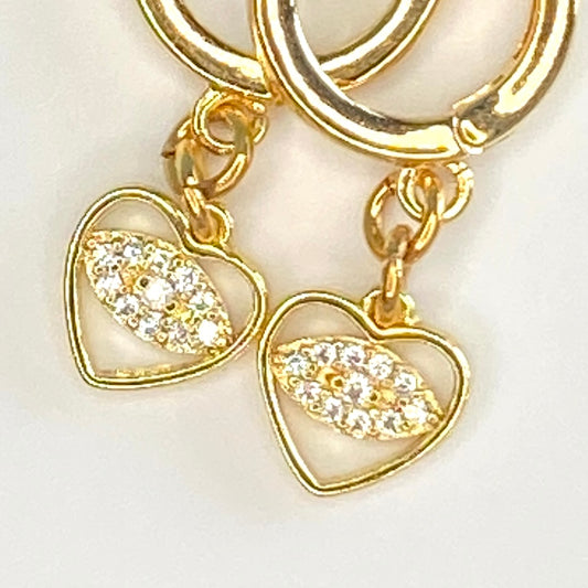 CZ Evil Eyes in Hearts Hoop Earrings