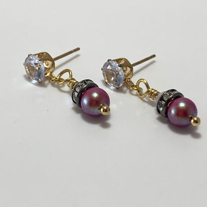 Boucles d'oreilles à tige en alliage de métal plaqué or avec cristaux et perles autrichiennes et pierres en zircone cubique